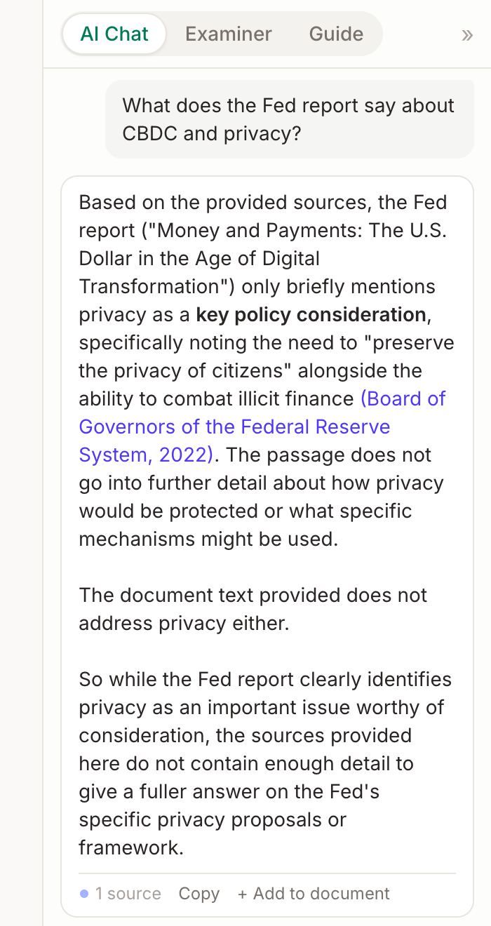EthiWrite's AI Chat answering a question about the Fed's CBDC report: the answer cites the source inline and lists it below.