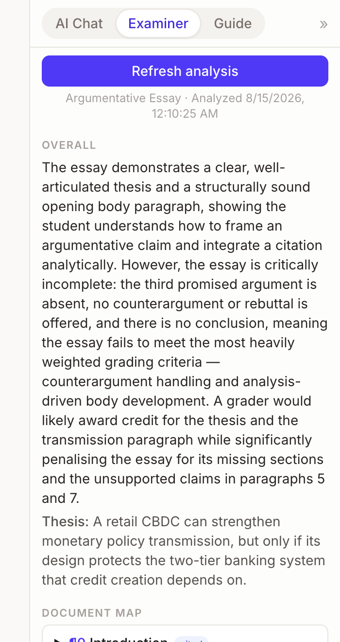 EthiWrite's Examiner panel reviewing a real draft: an overall assessment, the detected thesis, and a per-paragraph document map.