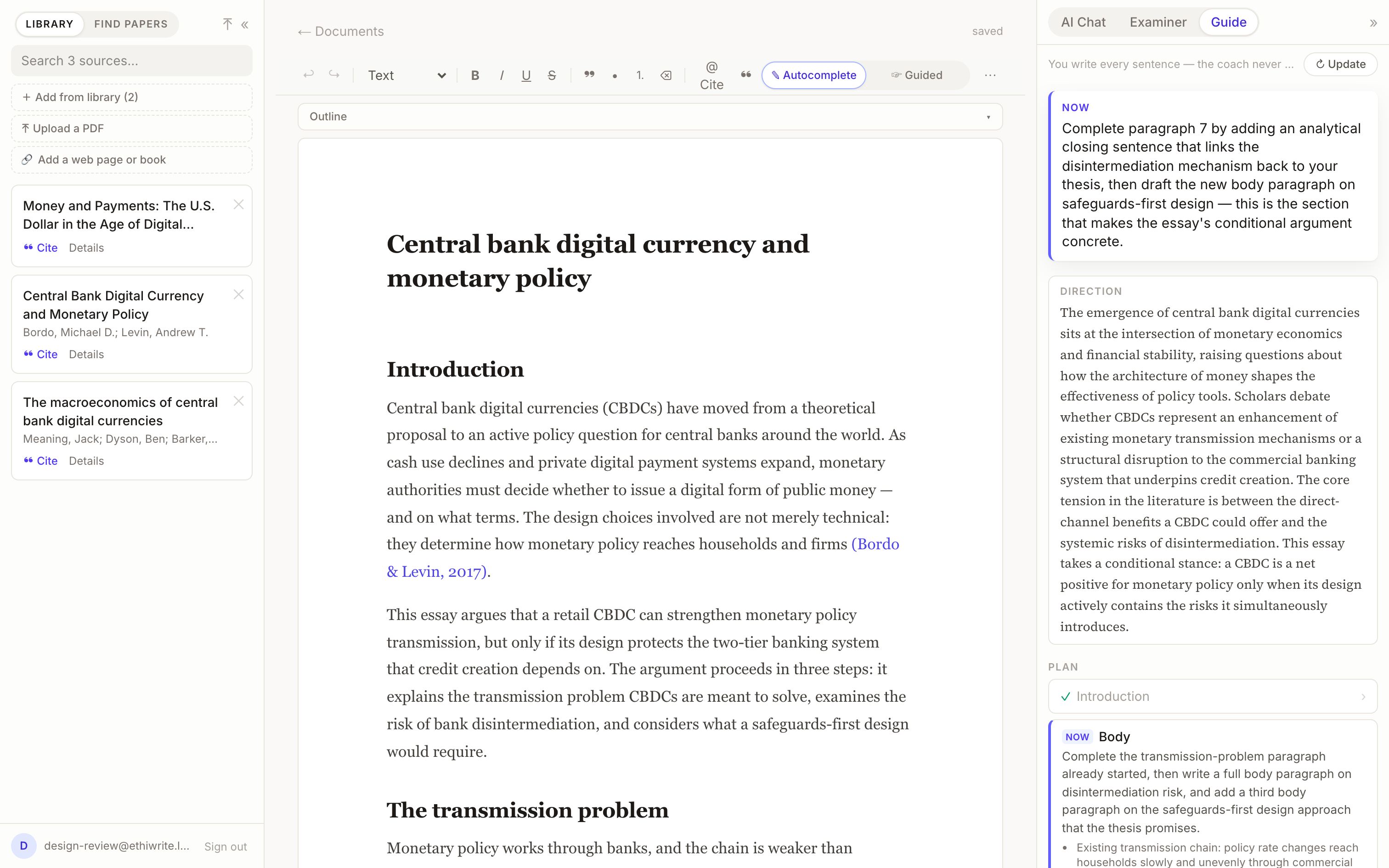 The EthiWrite writing page — sources on the left, the student's essay in the centre, the Guide coaching on the right